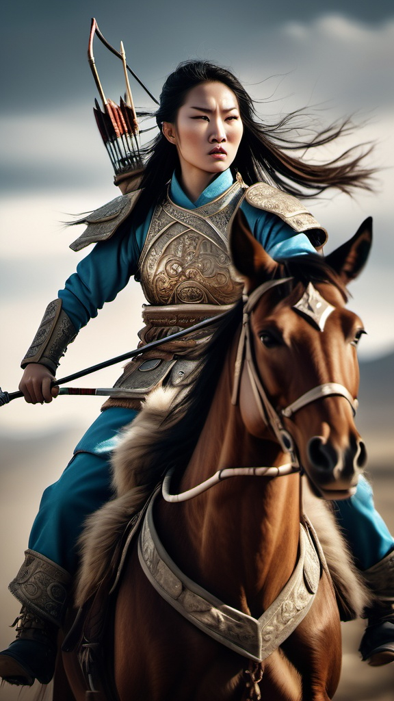 Prompt: "A fierce Mongol princess warrior, wearing traditional Mongolian armor, holding a bow and arrow, riding a horse through a battlefield. Wind blowing, cinematic lighting, highly detailed, historical fantasy style."