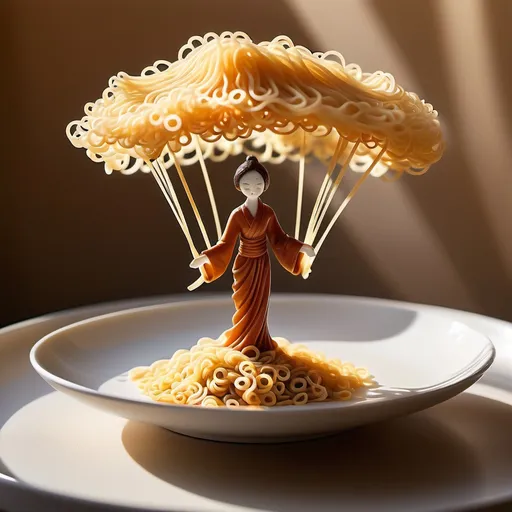 Prompt: Correct Promot: A whimsical miniature figure composed of delicately arranged noodles, poised in a carefree dance on the rim of a plate, white shiny plate, set on a table, vibrant kitchen backdrop, where dappled sunlight filters through the canopy above, casting intricate shadows. The overall aesthetic is ethereal, with warm, earthy tones of sienna, umber, infused with hints of emerald and golden light, evoking a sense of wonder and enchantment, as if plucked from a fantastical realm