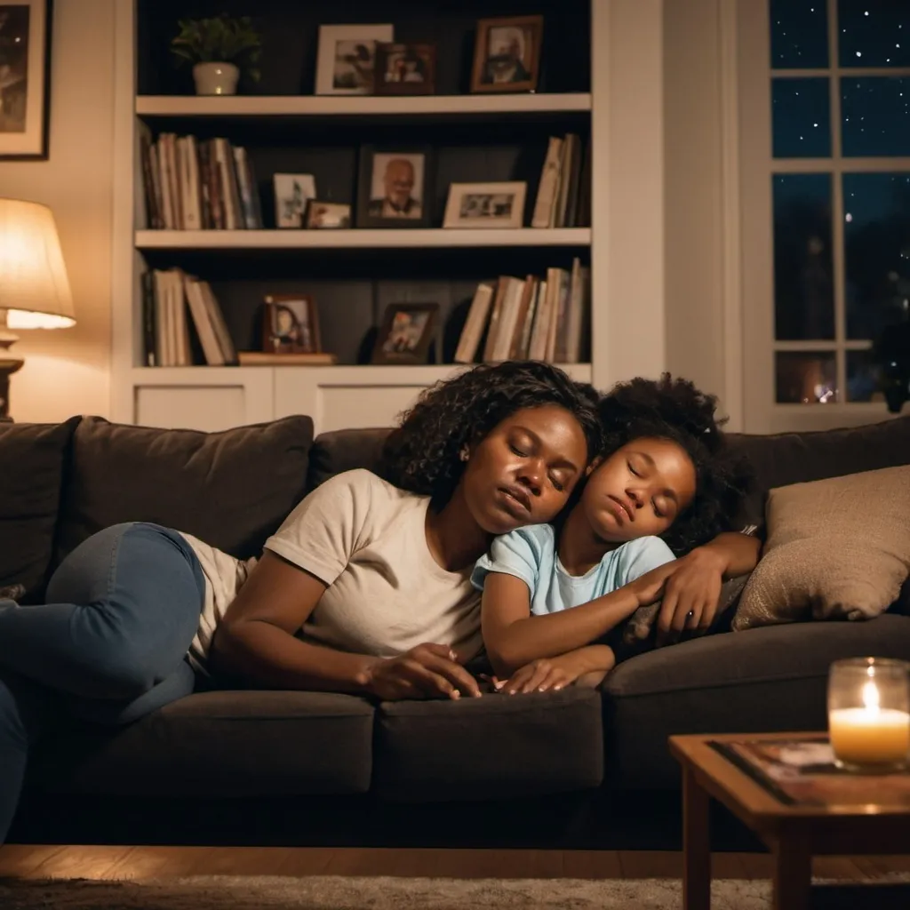 Prompt: Black woman and her daughter fell asleep on the sofa in their cozy living room. There is a picture of dad on the bookshelf behind them. It is nighttime 