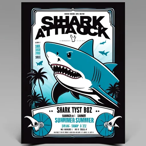 Prompt: monochromatic flyer for a concert called "shark attack" cartoon style with skate summer beach vibez