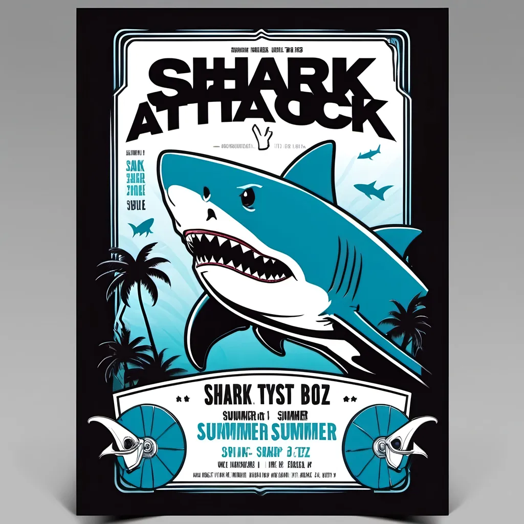 Prompt: monochromatic flyer for a concert called "shark attack" cartoon style with skate summer beach vibez
