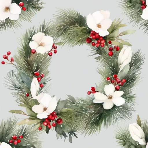 Prompt: Create a watercolor Christmas wreath featuring a full, circular arrangement of pine branches, red berries, and white magnolia flowers. Incorporate small pinecones and light touches of frosty snow along the greenery for a festive, wintry look. The wreath should feel delicate yet lush, with a hand-painted watercolor texture. 4k quality, White background <mymodel>