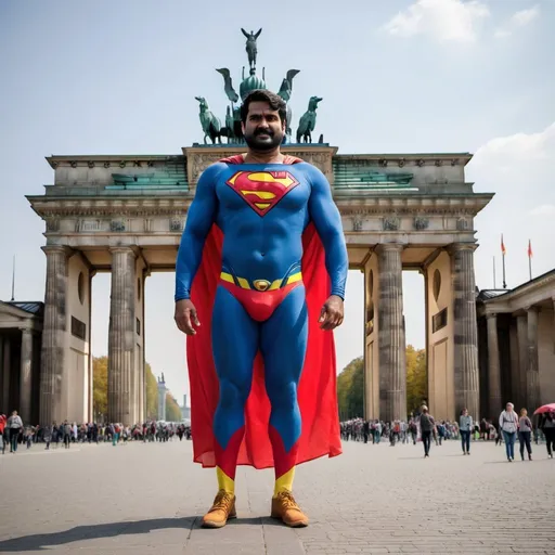 Prompt: Ein Tamilischer Mann in der Kleidung von Superman, steht in Berlin vor der Brandenburger Tor.