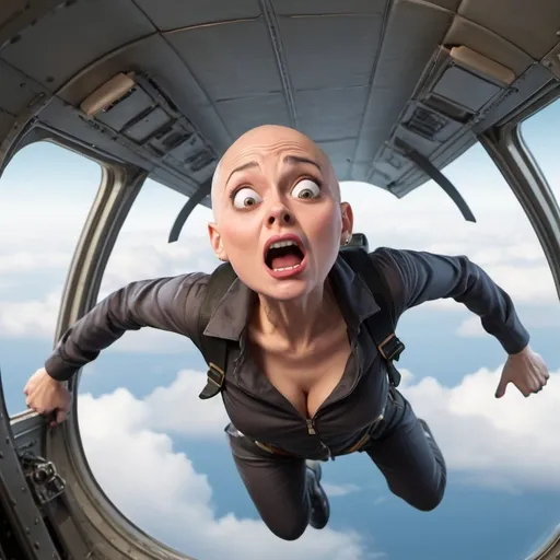 Prompt: beautiful bald toon woman falling out of a flying plane with a scared face