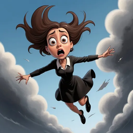 Prompt: toon woman dramatically falling from the sky with a scared look on her face