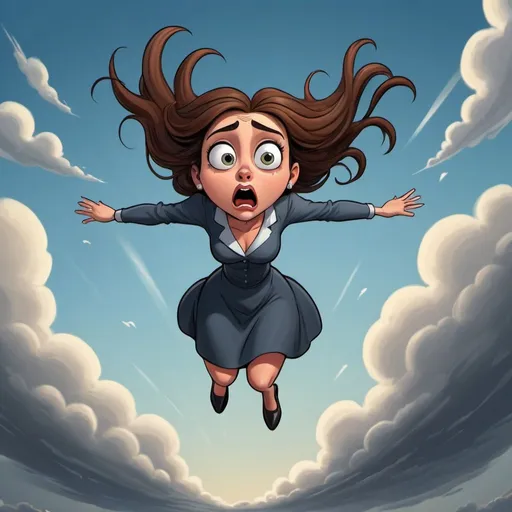 Prompt: beautiful toon woman dramatically falling from the sky with a scared look on her face