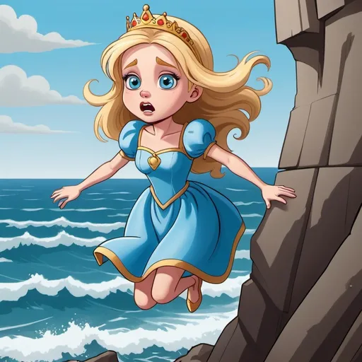 Prompt: beautiful blonde blue eyed toon princess falling off cliff towards the sea with a scared face