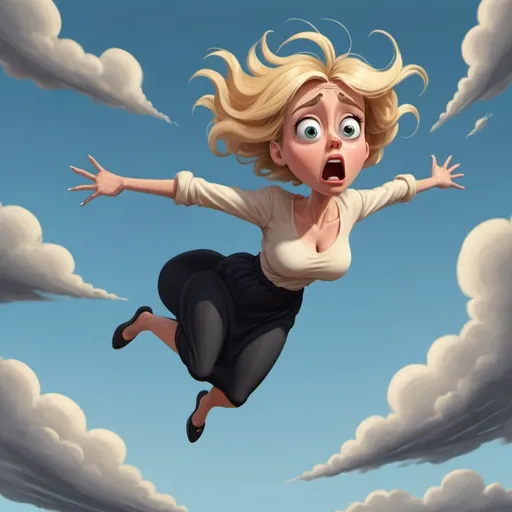 Prompt: blonde toon woman dramatically falling from the sky with a scared look on her face