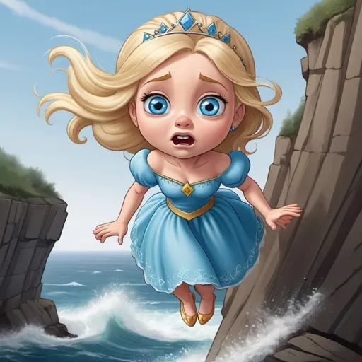 Prompt: beautiful blonde blue eyed toon princess falling off cliff towards the sea wih a scared face