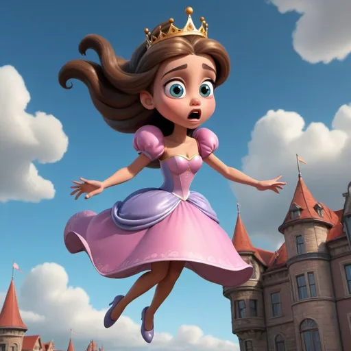 Prompt: beautiful toon princess dramatically falling from the sky with a scared look on her face