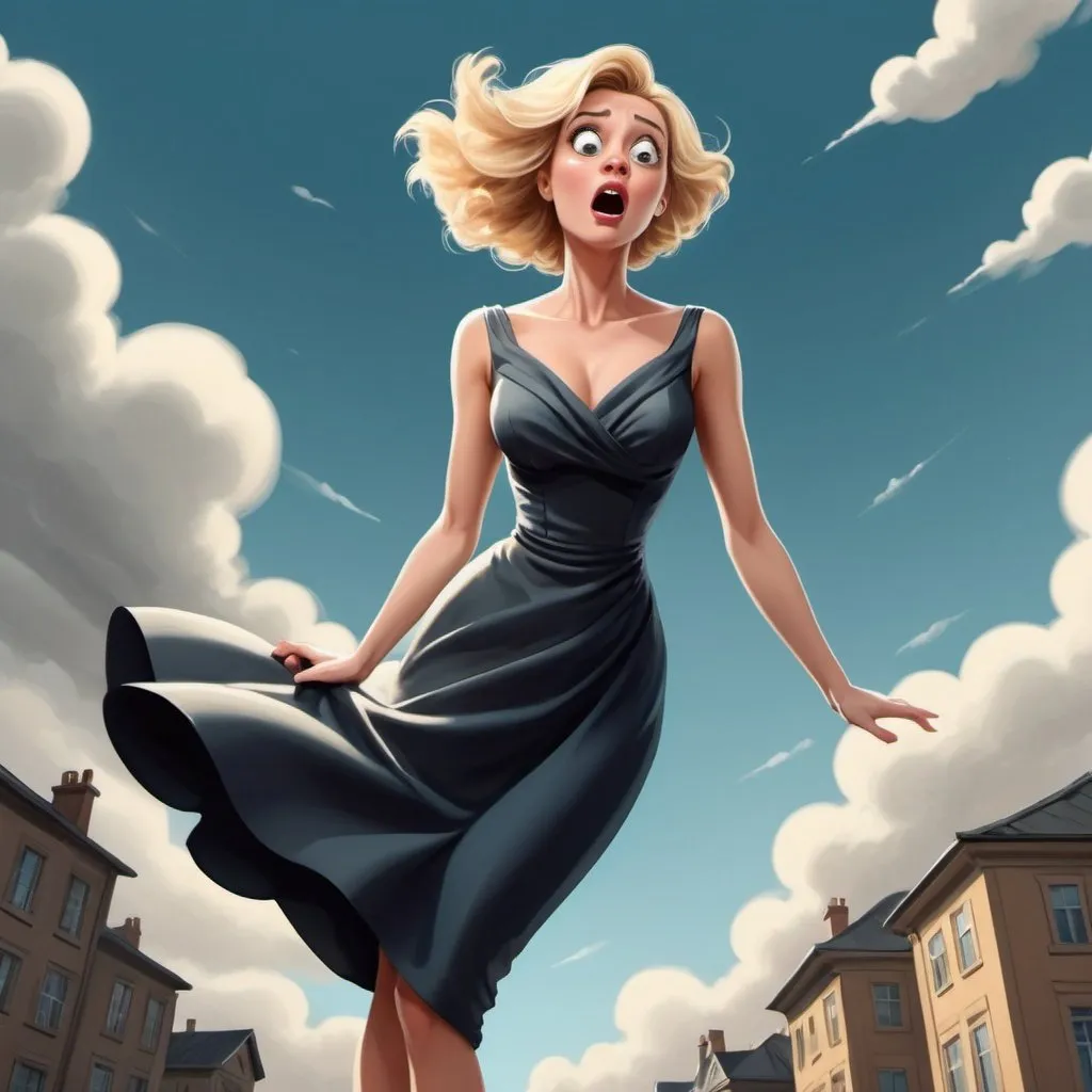 Prompt: blonde toon woman in elegant dress dramatically falling from the sky with a scared look on her face