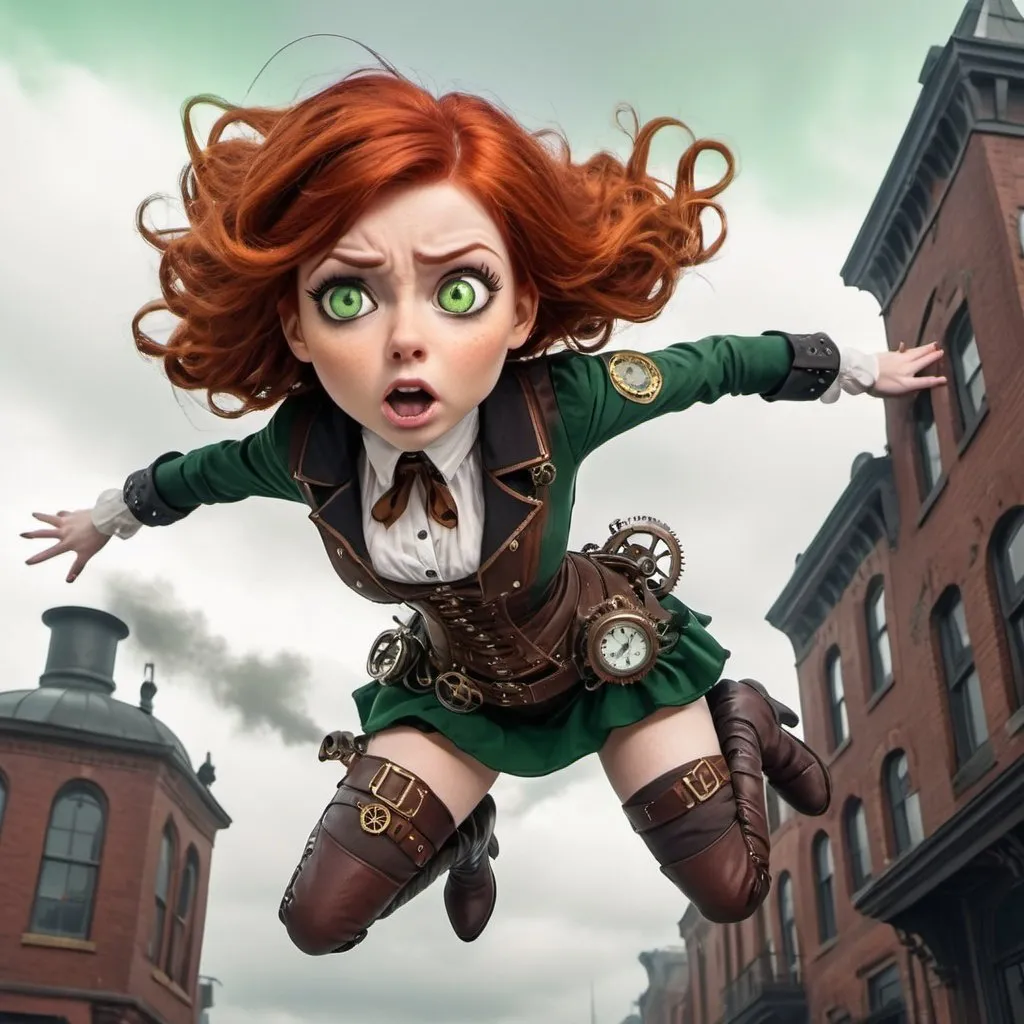 Prompt: redhead green eyed toon woman dramatically falling from the sky in a steampunk outfit with a scared look on her face