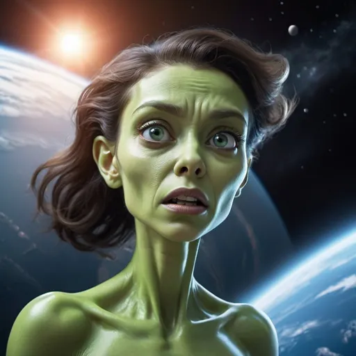 Prompt: beautiful toon alien woman dramatically reentering earth's atmosphere with a scared look on her face