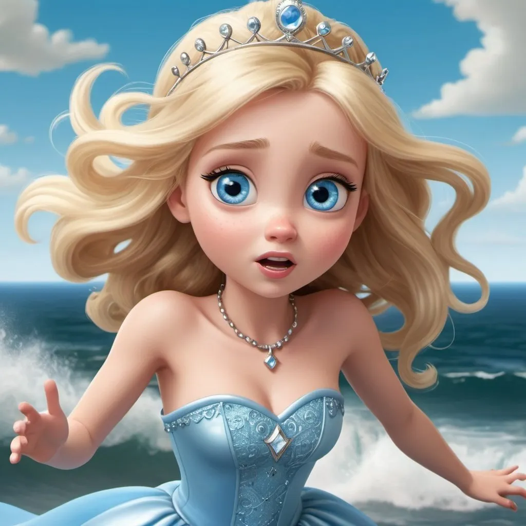 Prompt: beautiful blonde blue eyed toon princess falling from the sky towards the sea wih a scared face