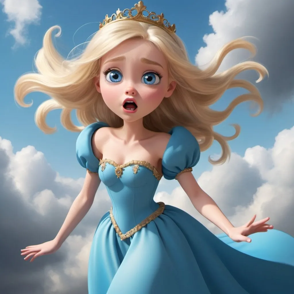 Prompt: beautiful blonde blue eyed toon princess dramatically falling from the sky with a scared look on her face