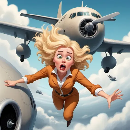 Prompt: beautiful blonde toon woman falling out of a flying plane scared