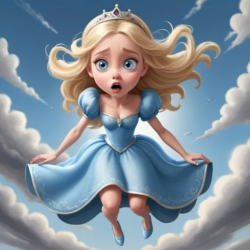 Prompt: beautiful blonde blue eyed toon princess dramatically falling from the sky with a scared look on her face