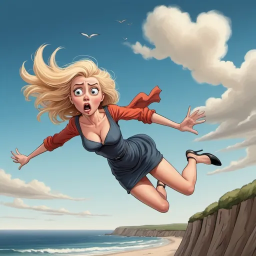 Prompt: beautiful blonde toon woman falliing from the sky towards the sea with a scared face