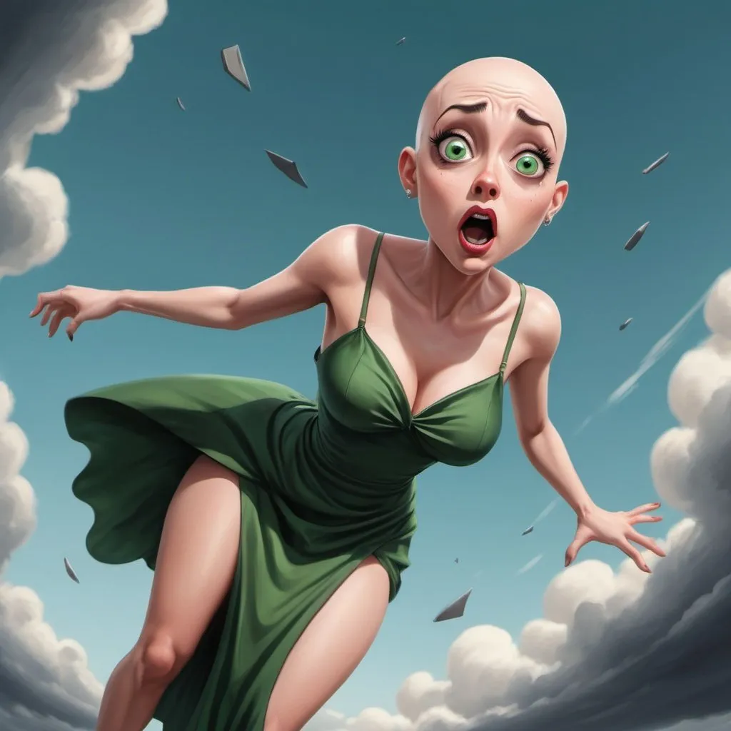 Prompt: bald green eyed toon woman dramatically falling from the sky in a revealing dress wit a scared look on her face