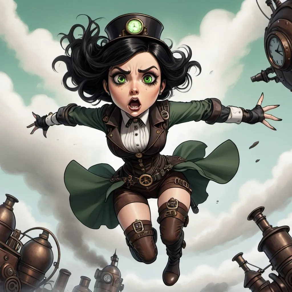 Prompt: black haired green eyed toon woman dramatically falling from the sky in a steampunk outfit with a scared look on her face