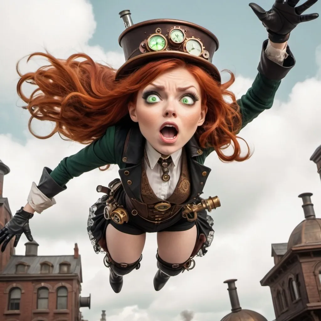 Prompt: redhead green eyed toon woman dramatically falling from the sky in a steampunk outfit with a scared look on her face