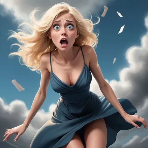 Prompt: a blonde blue eyed toon woman dramatically falling from the sky in a revealing dress with a scared look on her face