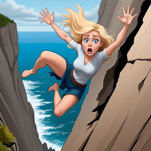 Prompt: beautiful blonde blue eyed toon woman falling off cliff scared