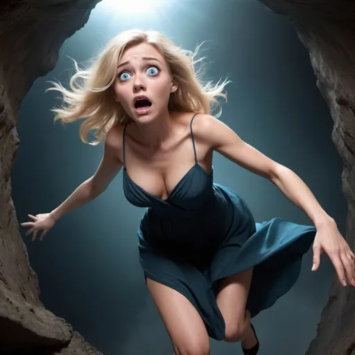 Prompt: beautiful blonde blue eyed toon woman falling into abyss in a revealing dress with a scared face