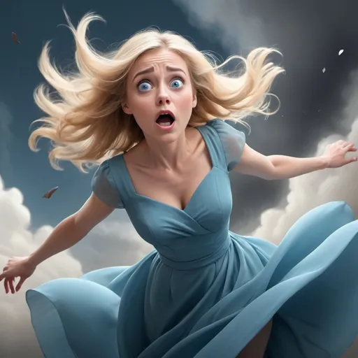 Prompt: blonde blue eyed toon woman in elegant dress dramatically falling from the sky witha scared look on her face