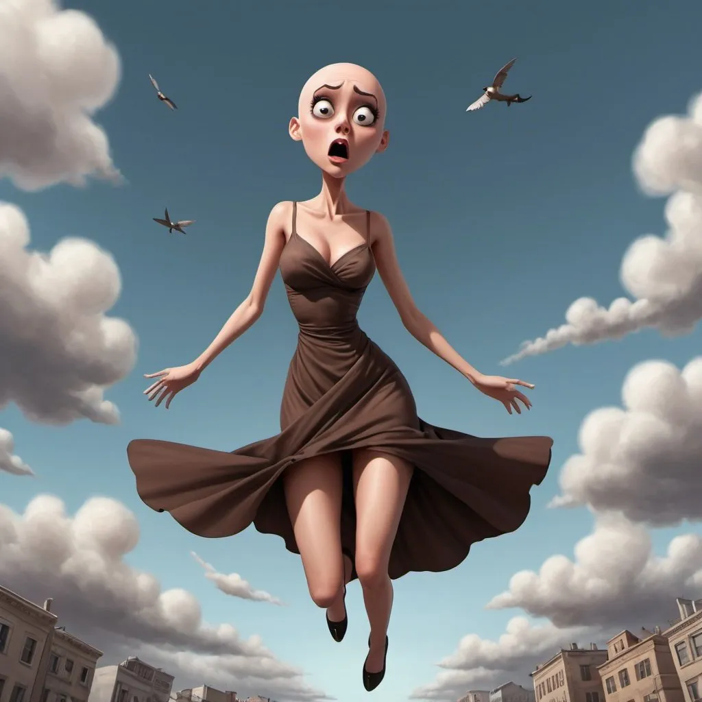 Prompt: bald brown eyed toon woman falling from the sky in a revealing dress with a scared look on her face