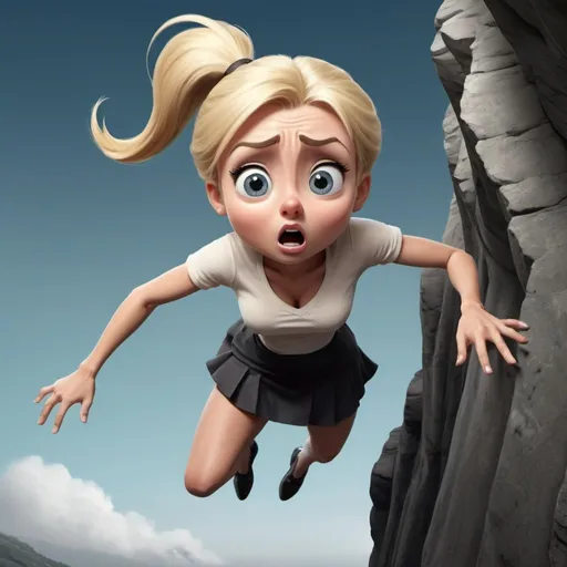 Prompt: beautiful blonde toon woman with ponytaildramatically falling off cliff with a scared look on her face