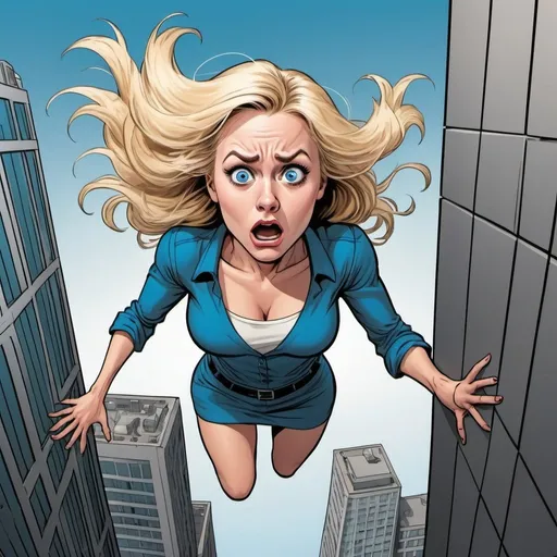 Prompt: beautiful blonde blue eyed comic woman falling off skyscraper with a scared face