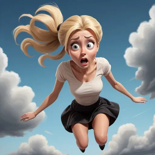 Prompt: beautiful blonde toon woman with ponytaildramatically falling from the sky with a scared look on her face