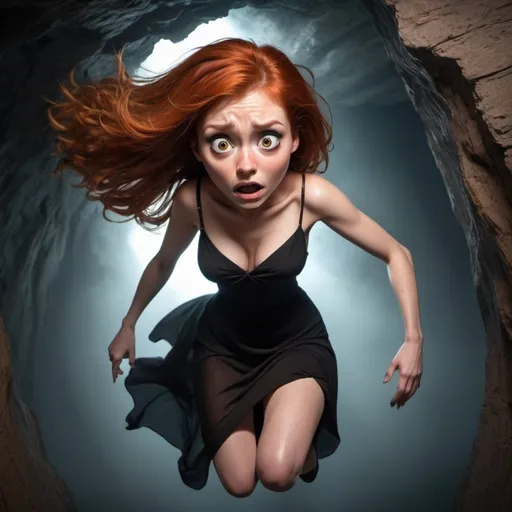 Prompt: beautiful redhead brown eyed toon woman falling into abyss in a revealing dress with a scared face