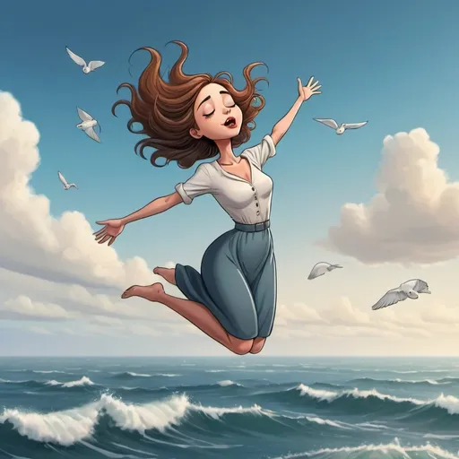 Prompt: beautiful toon woman falling from the sky towards tha sea with here eyes closed