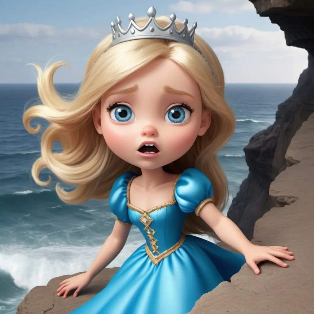 Prompt: beautiful blonde blue eyed toon princess falling off cliff towards the sea wih a scared face