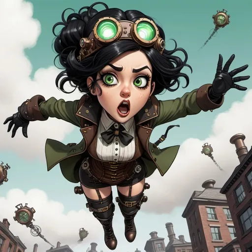 Prompt: black haired green eyed toon woman dramatically falling from the sky in a steampunk outfit with a scared look on her face