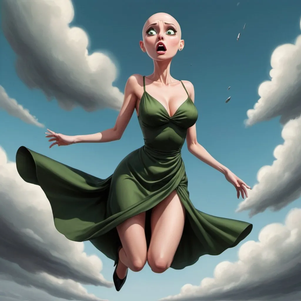 Prompt: bald green eyed toon woman dramatically falling from the sky in a revealing dress wit a scared look on her face