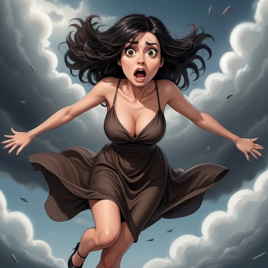 Prompt: beautiful black haired brown eyed toon woman in revealing dress falling from the sky with a scared face