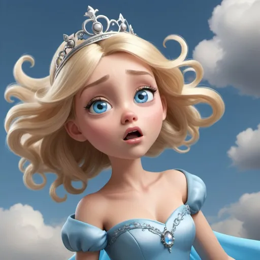 Prompt: beautiful blonde blue eyed toon princess dramatically falling from the sky with a scared look on her face