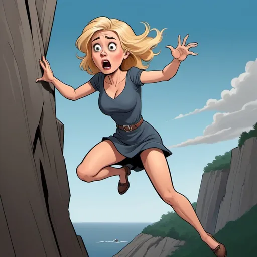 Prompt: beautiful blonde toon woman dramatically falling off cliff with a scared look on her face