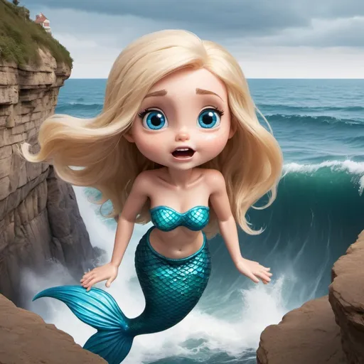 Prompt: beautiful blonde blue eyed toon mermaid falling off cliff towards the sea with a scared face