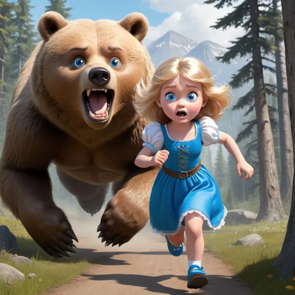 Prompt: beautiful blue eyed toon princess running from a bear with a scared look on her face