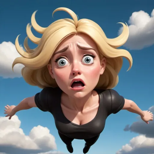 Prompt: blonde toon woman dramatically falling from the sky with a sad look on her face