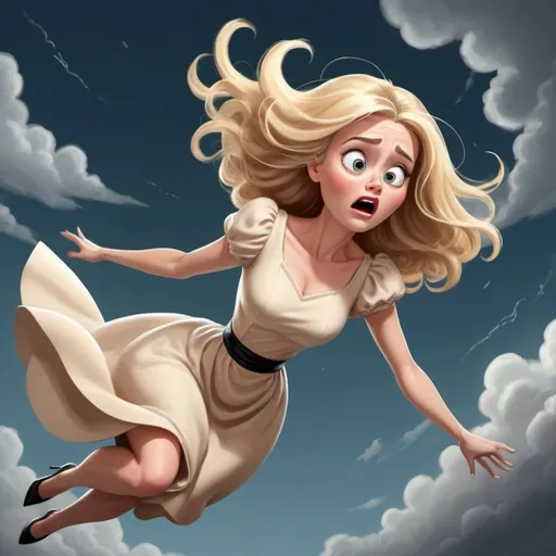 Prompt: blonde toon woman in elegant dress dramatically falling from the sky with a scared look on her face