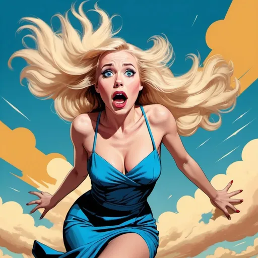Prompt: beautiful blonde blue eyed pop art woman in revealing dress falling from the sky with a scared face
