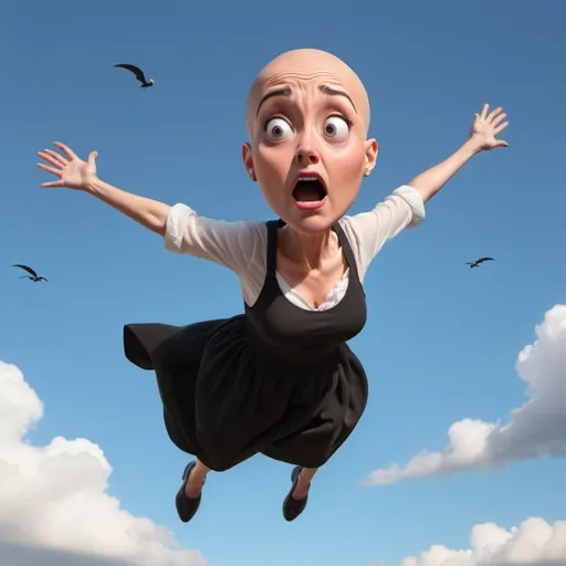 Prompt: bald toon woman dramatically falling from the sky with a scared look on her face