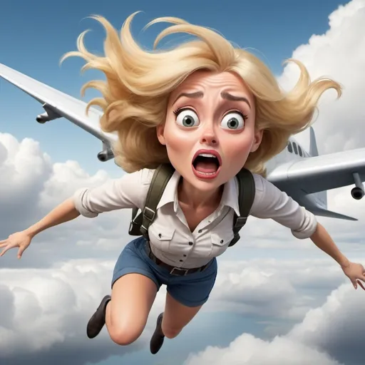 Prompt: beautiful blonde toon woman falling out of a flying plane with a scared face
