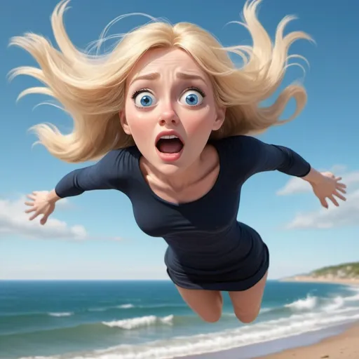 Prompt: beautiful blonde blue eyed toon woman falling from the sky towards tha sea with a scared face