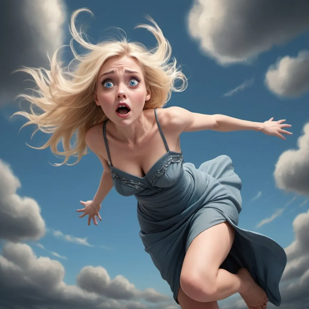 Prompt: a beautiful blonde blue eyed toon woman dramatically falling from the sky in a revealing dress with a scared look on her face